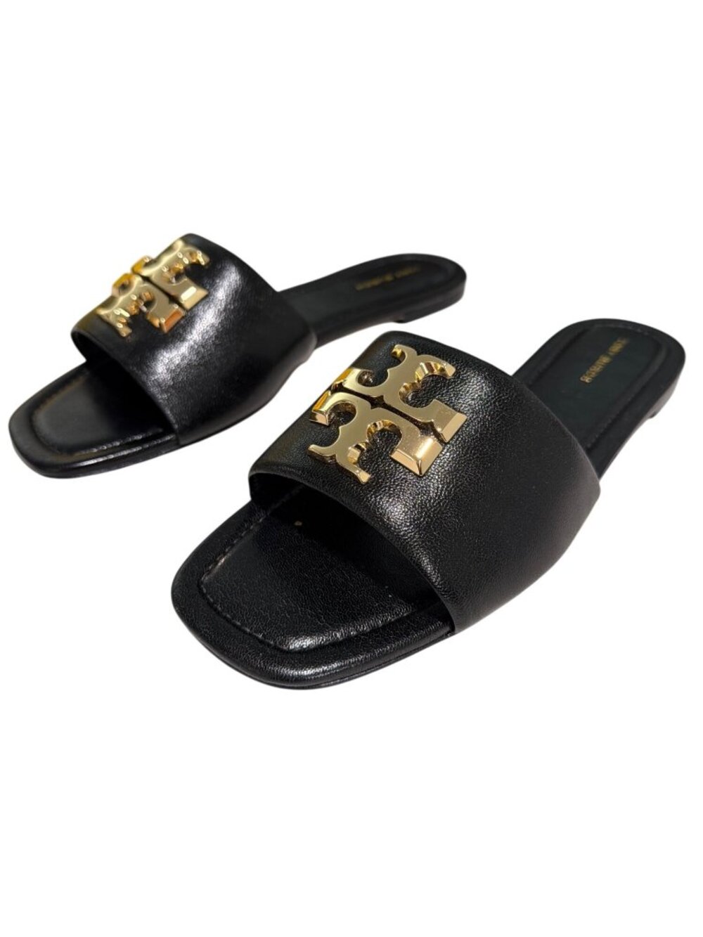 Tory Burch Eleanor Leather Medallion Flat Slide Sandals Black & Gold 7.5M - Picture 4 of 9